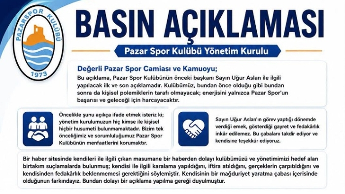 Pazar Spor Kulübünün den basın açıklaması: Uğur Aslan ile ilgili yapılacak ilk ve son açıklamadır.